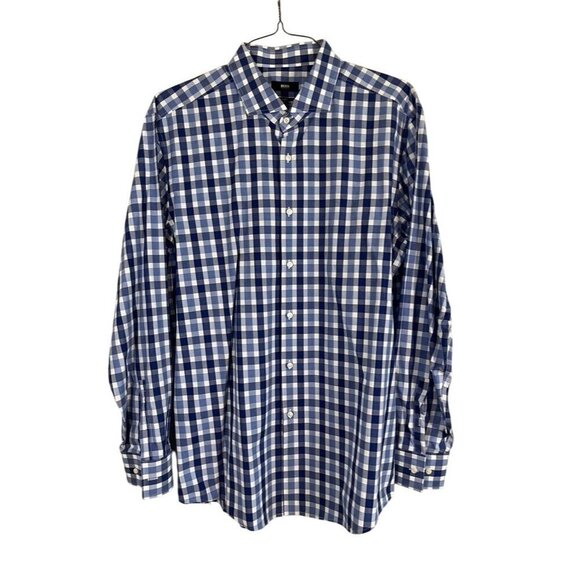 Boss Plaid Shirt 18 Blue Slim Fit Preppy Checks Workwear Coastal Resort Nautical - Picture 1 of 12
